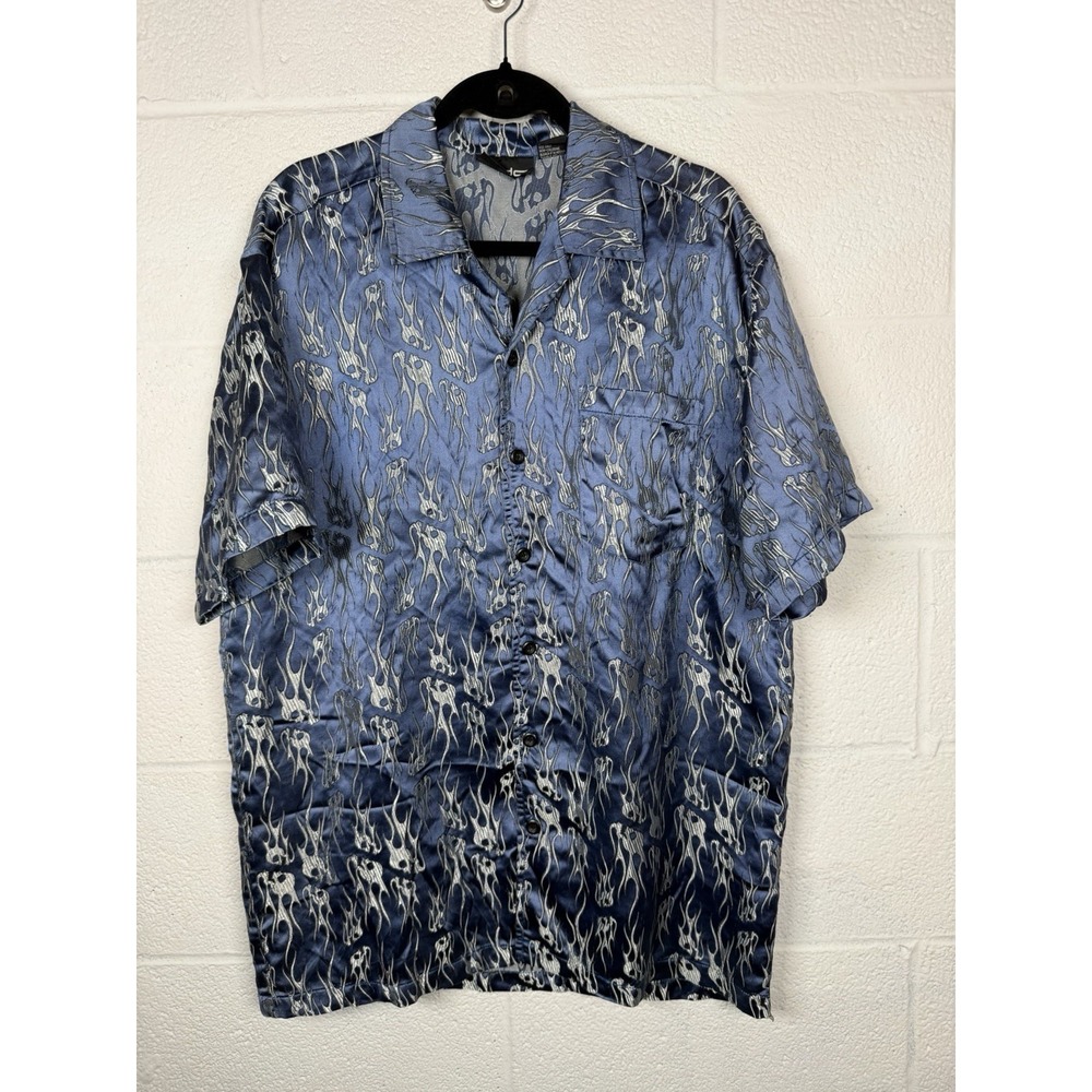 Odo Y2K Flame Button Up Shirt Men's Large Blue Satin Cyber Rave Clubwear